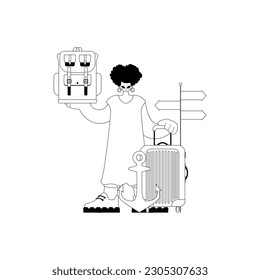 Energetic lady With a traveler rucksack in his hands. Tourism point. Dim and white lineart. Trendy style, Vector Illustration