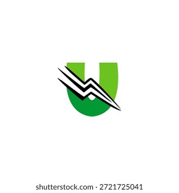 Letra energética U logotipo com elemento de relâmpago flash integrado. Design vetorial profissional para fitness, esportes, entrega e marcas de energia rápida