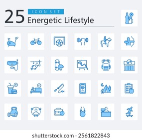 ENERGETIC LIFESTYLE ICON SET BLUE STYLE with no alcohol, exercise machine, bike, football, dumbbell, horseback riding, archery, scuba diving, fishing and skateboard