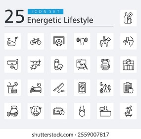 ENERGETIC LIFESTYLE ICON SET OUTLINE STYLE with no alcohol, exercise machine, bike, football, dumbbell, horseback riding, archery, scuba diving, fishing and skateboard