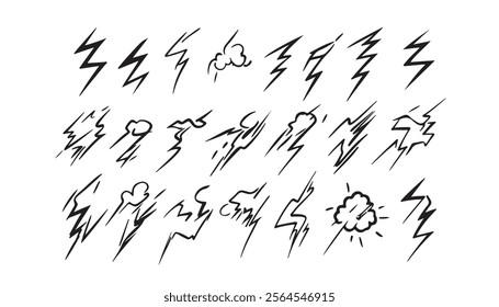 Energetic Lightning Bolt Line Art Set