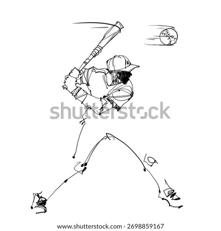Energetic line art of a baseball player swinging a bat at a ball. Dynamic sports vector for posters, apparel, branding.