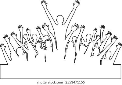 An energetic line art vector illustration capturing a crowd cheering, with raised hands and expressive silhouettes, conveying the excitement and unity of a live event or celebration.