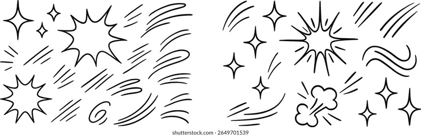 Linhas energéticas e formas de faísca criam um senso de movimento convincente. O design minimalista em preto e branco evoca entusiasmo e criatividade, perfeito para vários usos artísticos.