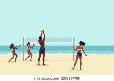 An energetic and lively beach volleyball game is taking place under clear blue skies and gentle ocean waves