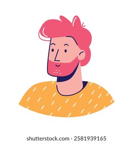 Energetic male avatar with spiky pink hair and yellow shirt