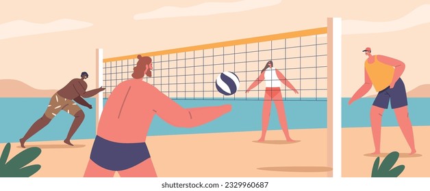 Energetic Male Female Characters Engaging In Beach Volleyball, Diving And Spiking The Ball Over A Net On Sandy Shores