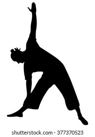 Energetic  man doing yoga poses, trikonasana