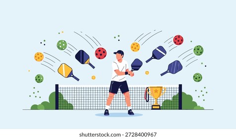 Energetic man playing pickleball with multiple paddles and balls flying across the court and a golden winner trophy.