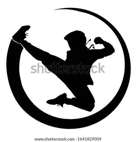 An energetic man in a tracksuit makes a circular swing of his leg in flight, leaving the trajectory of a perfect circle. 2D illustration.
