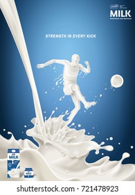 Energetic milk ads, soccer player is kicking a football with his full strength which is made by milk, blue background and splashing milk in 3d illustration