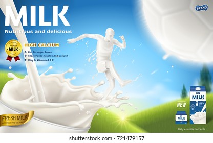 Energetic milk ads, soccer player is kicking a football with his full strength which is made by milk, bokeh field background in 3d illustration