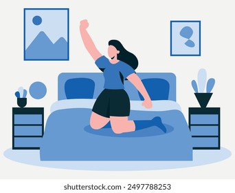 Energetic Morning Wake-up: Woman Celebrating a New Day in Bedroom Setting - Early Morning Concept Flat Illustration