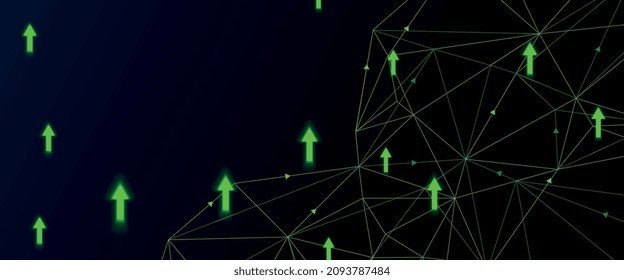 Energetic multiple green arrows going up, with polygonal grid with arrows, design with futuristic design and vector. Stock and positive data transfer. Futuristic design for flyer, print and poster