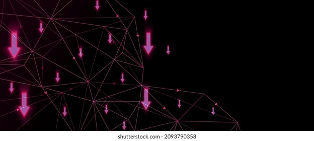 Energetic multiple red arrows going up, with polygonal grid with arrows, negative result, design element with digital design and vector. Decreasing and failure data transfer. Futuristic concept