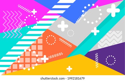 Energetic Neo-Memphis background with angular color blocks, diagonal stripes, dotted circles, zigzags, and plus signs in bright pink, blue, yellow, teal, and orange.