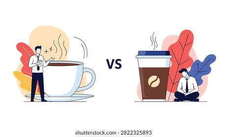 Energetic office worker with hot coffee mug compared to tired employee sitting next to takeaway coffee paper cup.