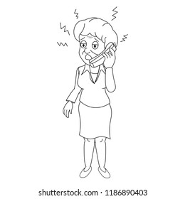 Energetic old woman lady businesswoman middle age standing talking over phone shocked sad worried unhappy