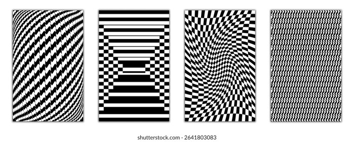 Energetic op art vector pack with vibrating waves, distorted stripes, and rhythmical optical movement. Perfect for backgrounds, digital art, and album graphics.