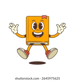 Energetic orange cartoon book mascot jumping with joy and waving hands in the air. Fun educational character expressing happiness and excitement. Colorful and lively vector illustration
