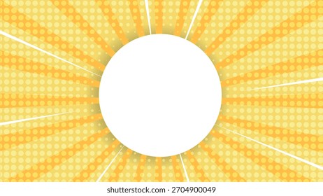 Energetischer Orange Comic Sunburst Vektor mit Retro Halbtonpunkten und Bokeh. Lebendiger Pop Art Burst-Hintergrund. Vibrant Orange Pop Art Sunburst Hintergrund mit Retro Halftone Dots und Bokeh.