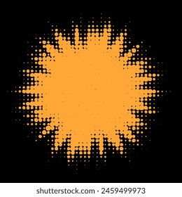 An energetic orange halftone explosion against a black background, evoking a sense of motion and retro comic book style.