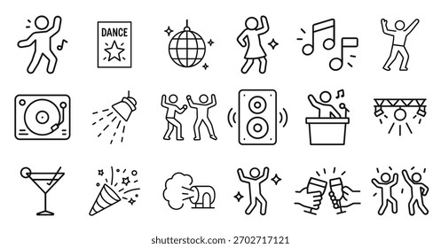 Conjunto de iconos de fiesta enérgicos que capturan celebraciones con música