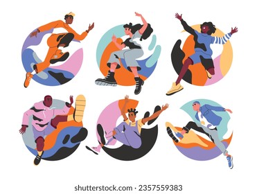 Energetic people run and jump set. Happy free young characters lead active lifestyle, set goals and new heights. Adrenaline, enthusiasm and sport. Cartoon flat vector isolated on white background