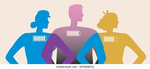 Energetic people, self positive. Silhouette vector stock illustration. Mental community. Happy mood. Charge of energy as a concept of mood. People with battery indicator. Silhouette illustration