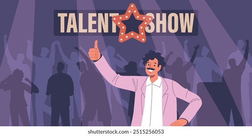 Energetic Performer or Judge Character Gives Thumbs Up On Stage At A Thrilling Talent Show With A Cheerful Audience