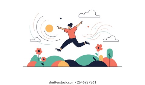 Energetic Person Leaping Joyfully Through a Vibrant Spring Landscape Under a Sunny Sky with Gentle Breezes