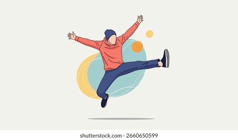 Energetic pixelated character captures a dynamic mid air leap demonstrating freedom and joyful movement