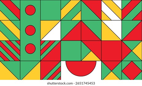 An energetic and playful design filled with modular tile elements in red, green, blue, and yellow. Includes circles, diamonds, stripes, and triangle-based shapes.
