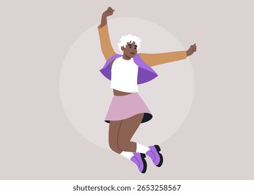 Modelo de cabelo curto energético plus size expressa alegria e confiança através de roupas elegantes enquanto dança alegremente contra um pano de fundo pastel, mostrando individualidade e graça