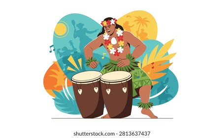 Energetic Polynesian man playing conga drums in traditional clothing with tropical leaves and dancers behind.