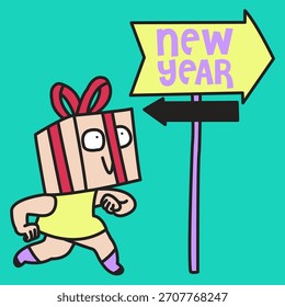 Energetic Present Lady Ein neues Jahr Regie Konzept Cartoon Charakter Illustration