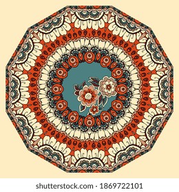 An energetic print for a dodecagonal umbrella or a round floor carpet with bold flowers and patterned borders.