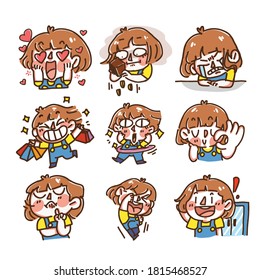 Energetic Quirky Girl Expressive Vector Doodle Illustration Sticker Collection Set.