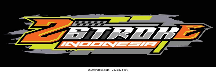 Energetic racing logo “2 Stroke Indonesia” with dynamic colors on a black background. Perfect for stickers, apparel, or racing identity.