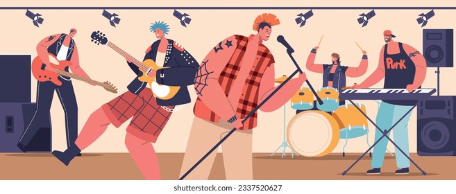 Energetic And Rebellious, Punk Rock Musicians Characters Embody Raw And Unapologetic Sound Cartoon Vector Illustration