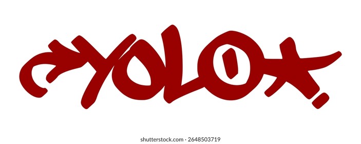 Grafite vermelho energético marca "Yolo" com estilo gotejamento selvagem e fundo transparente. Gíria para "You Only Live Once" — sobre escolhas ousadas e liberdade.