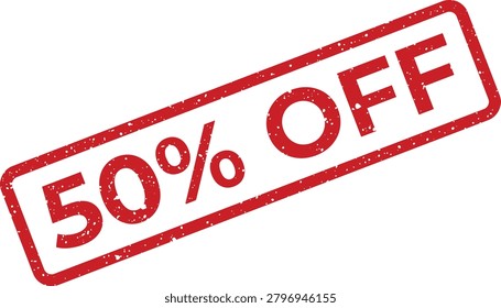 Energetic red rubber stamp effect with a distressed texture highlighting a fifty percent price cut for compelling retail advertisements.