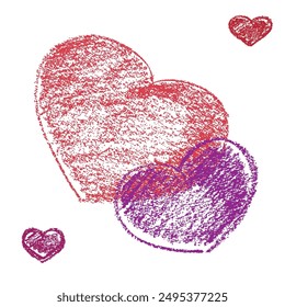 An energetic representation made with crayons depicts intertwined hearts in vivid hues of red and purple