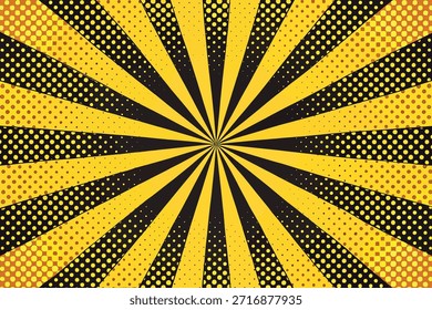 Energetic retro-inspired background featuring radiating yellow and black stripes with halftone dots. Ideal for posters, banners, ads, and digital designs needing dynamic, high-contrast impact.
