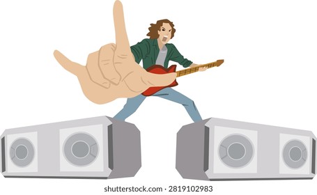 Energetic rocker playing guitar on huge speakers, flashing large rock on hand gesture. Vector illustration