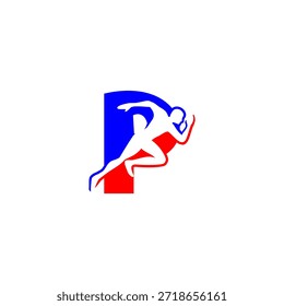 Silueta de corredor energético con el telón de fondo del alfabeto P. Ideal para marcas deportivas, identidad de fitness, promociones de atletismo y temas de estilo de vida activo
