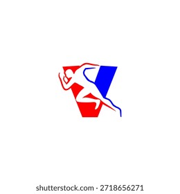 Silueta de corredor energético con el telón de fondo del alfabeto V. Ideal para marcas deportivas, identidad de fitness, promociones de atletismo y temas de estilo de vida activo