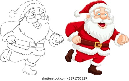 Energetic Santa Claus cartoon character running with outline for coloring pages