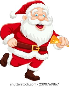 Energetic Santa Claus happily runs while holding a bell