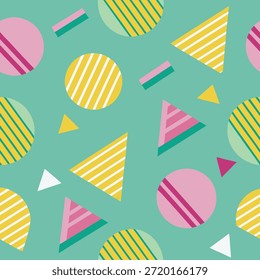 Energetic Seamless Geometric Pattern with Circles and Triangles on Teal abstract background